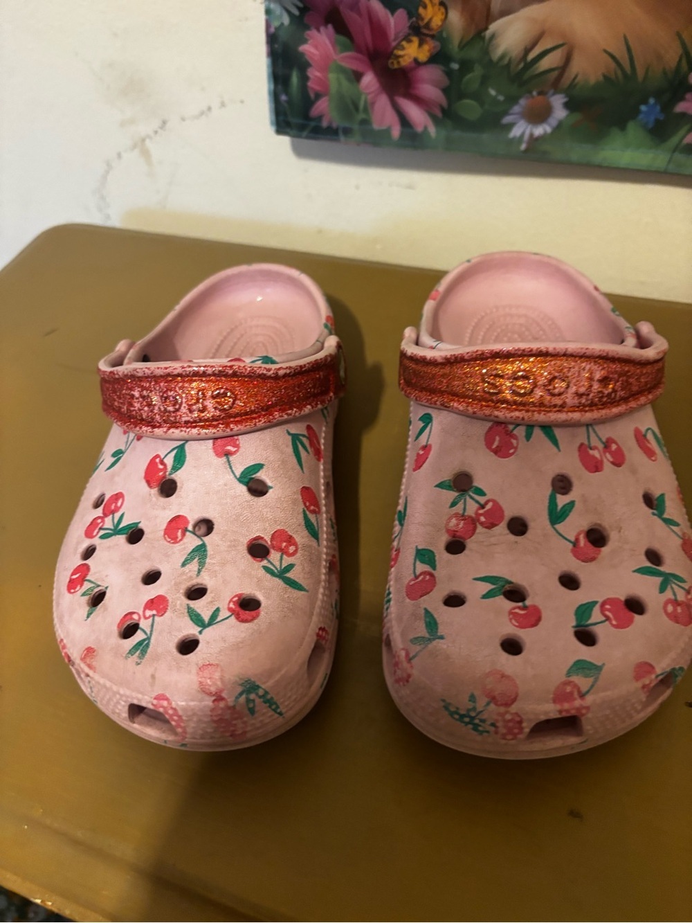 CROCS Kids Pink Cherry Print Clogs with Glitter Strap J2